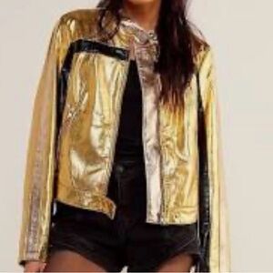 Free People Metallic Gold Bomber Jacket with Black Trim